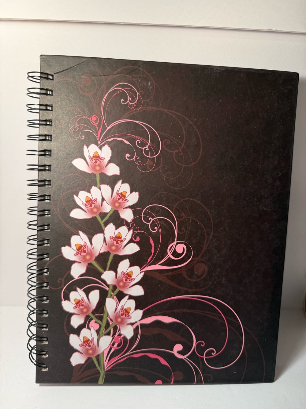 Floral Spiral Notebook — Black Cover with Pink Flower Design